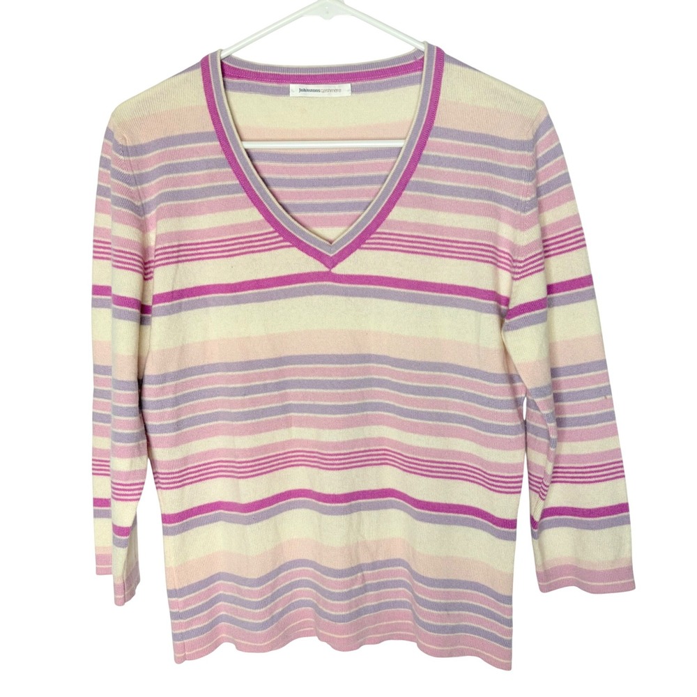Johnstons Cashmere V-Neck Sweater Women's Small Striped Pastel Scotland Knit